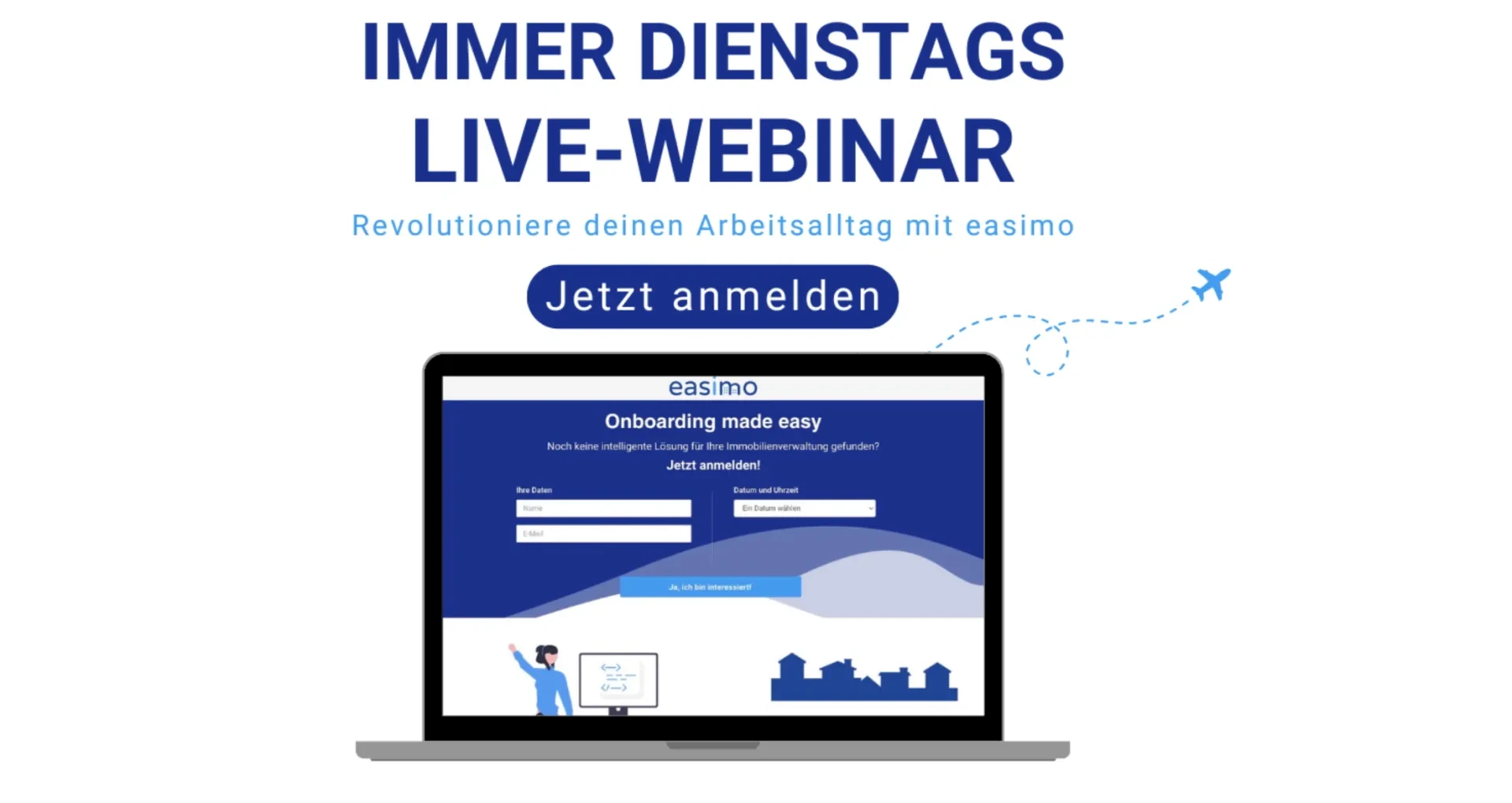 easimo Live-Webinar Werbebanner mit Anmeldeformular auf Laptop-Bildschirm
