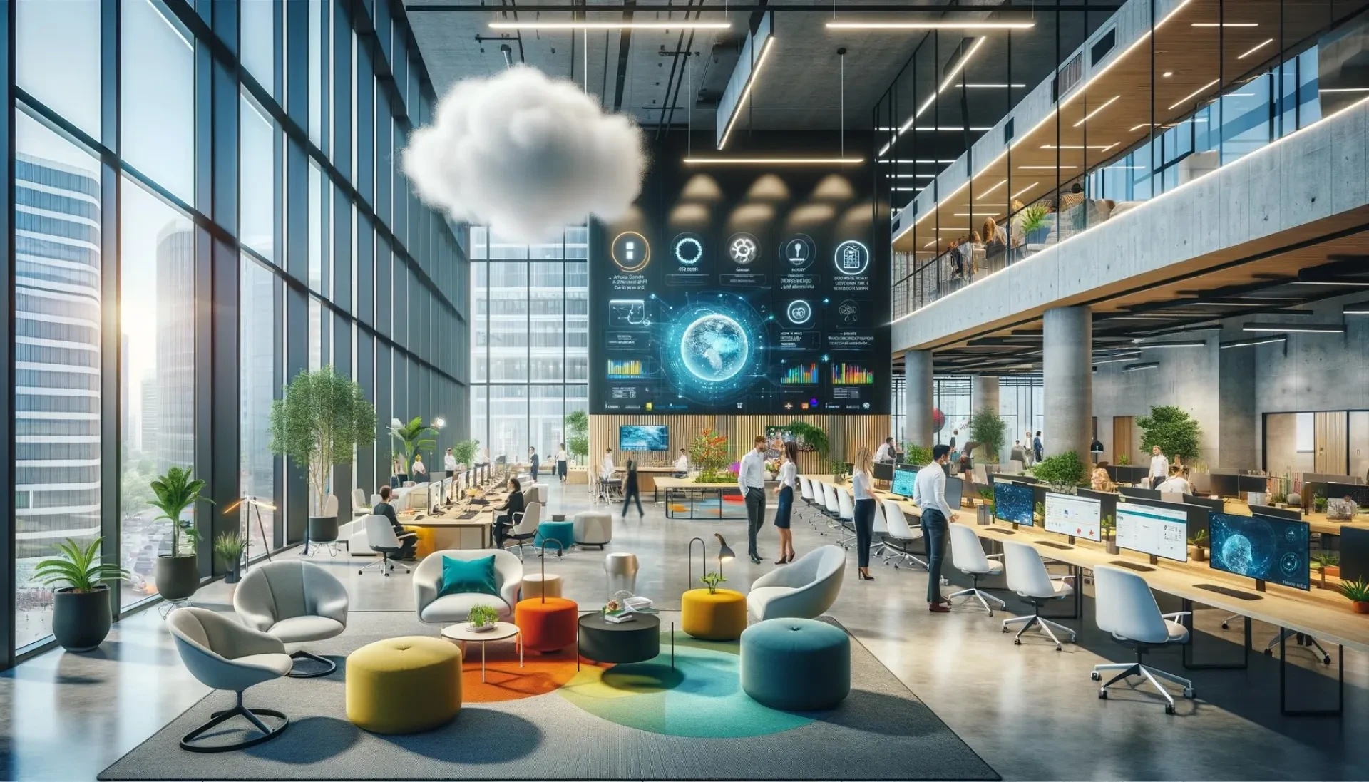 Modernes offenes Büro mit digitaler Weltkugel, Cloud-Symbol und arbeitenden Menschen